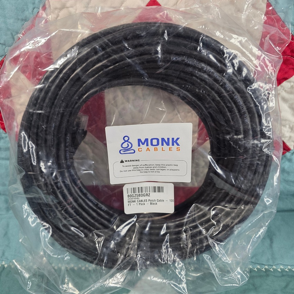 Monk Cables Patch Cable 100 FT Black Cat6 Ethernet Network Cord